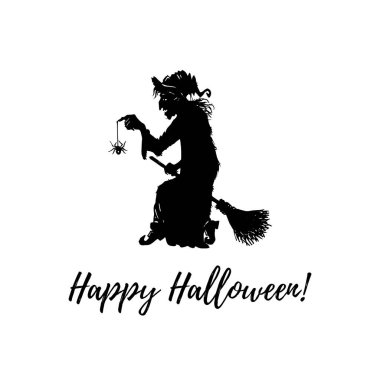 Mutlu Cadılar Bayramı, el yazısı. Örümcek ve süpürgeli cadının vektör illüstrasyonu. Parti daveti için tasarım konsepti..