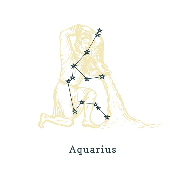 Costellazione zodiacale dell'Acquario sullo sfondo del simbolo disegnato in stile incisione. Illustrazione vettoriale del portatore d'acqua — Vettoriale Stock