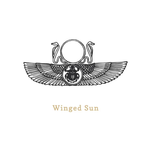 ( 영어 ) Winged Sun, vector illustration in engraving style. 비밀스럽고 신비술적 인 별자리의 빈티지 수선화. Drawn 스케치. — 스톡 벡터