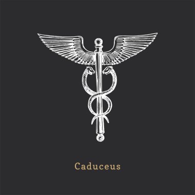 Caduceus, oymacılık tarzında vektör illüstrasyon. Esrarengiz ve esrarengiz işaretlerin klasik pasifliği. Çizim.