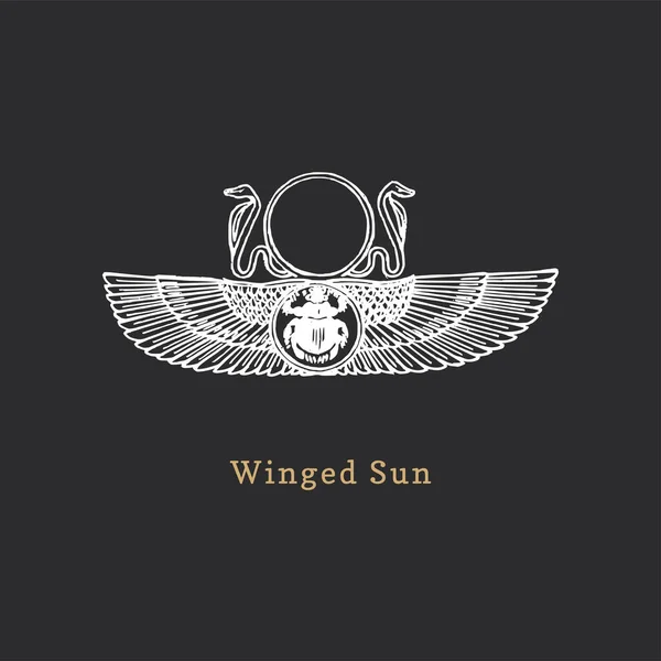 ( 영어 ) Winged Sun, vector illustration in engraving style. 비밀스럽고 신비술적 인 별자리의 빈티지 수선화. Drawn 스케치. — 스톡 벡터