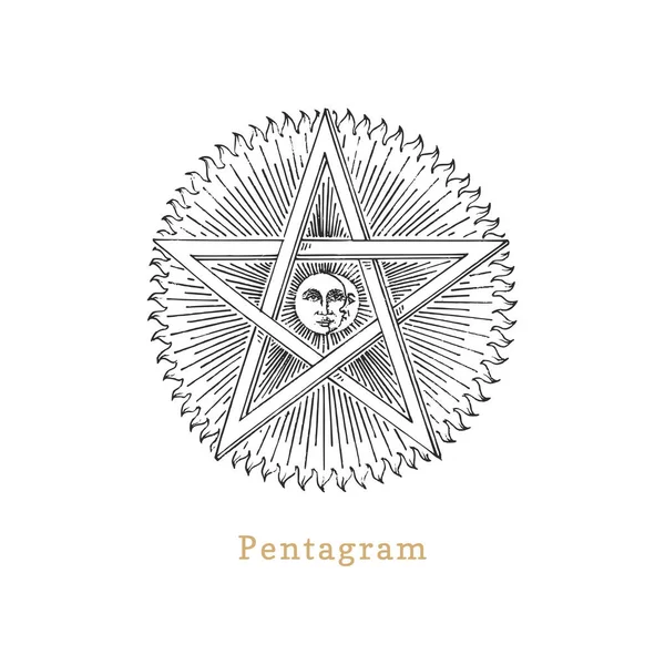 Pentagrama con Sol y Media Luna, ilustración vectorial en estilo grabado. Pastiche vintage de signo esotérico y oculto . — Vector de stock