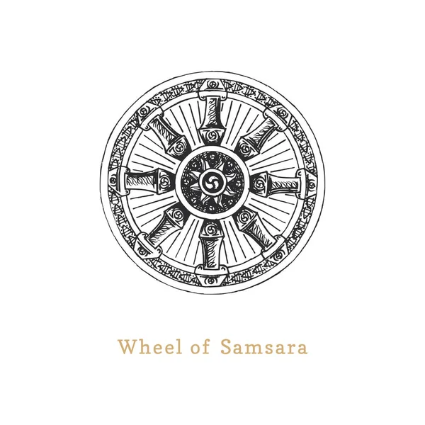 Samsara, Roue de la Vie, illustration vectorielle en style gravure. Pastiche vintage de signe ésotérique et occulte . — Image vectorielle