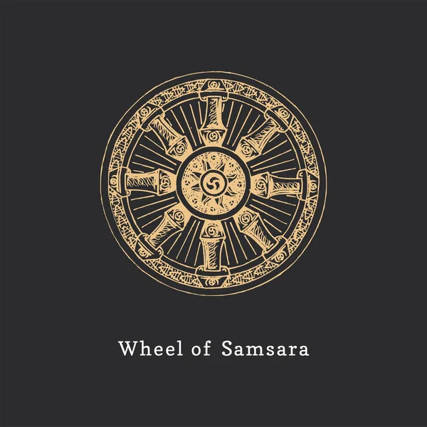 Samsara, Wheel of Life, векторна ілюстрація у стилі гравірування. Відданість пастиції езотеричного та окультного знаку. — стоковий вектор