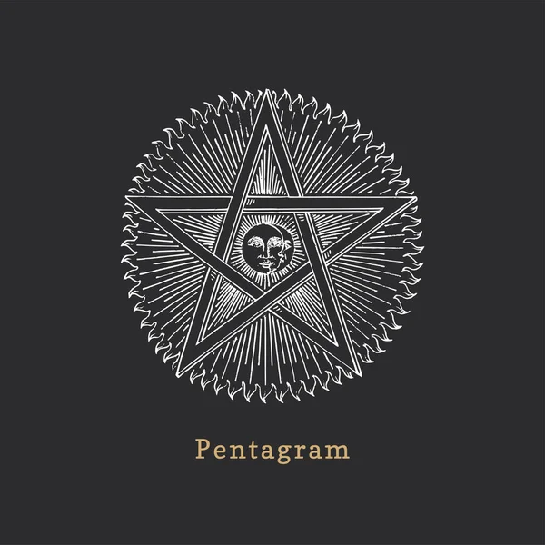 Pentagramm mit Sonne und Halbmond, Vektorillustration im Stich-Stil. Vintage Pastiche von esoterischen und okkulten Zeichen. — Stockvektor