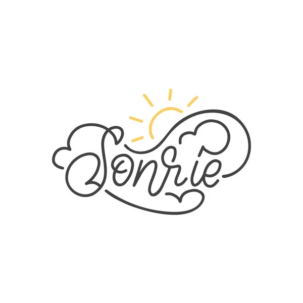 Sonrie hand lettering, spanish translation of Smile phrase. Monoline calligraphy in vector. — Wektor stockowy