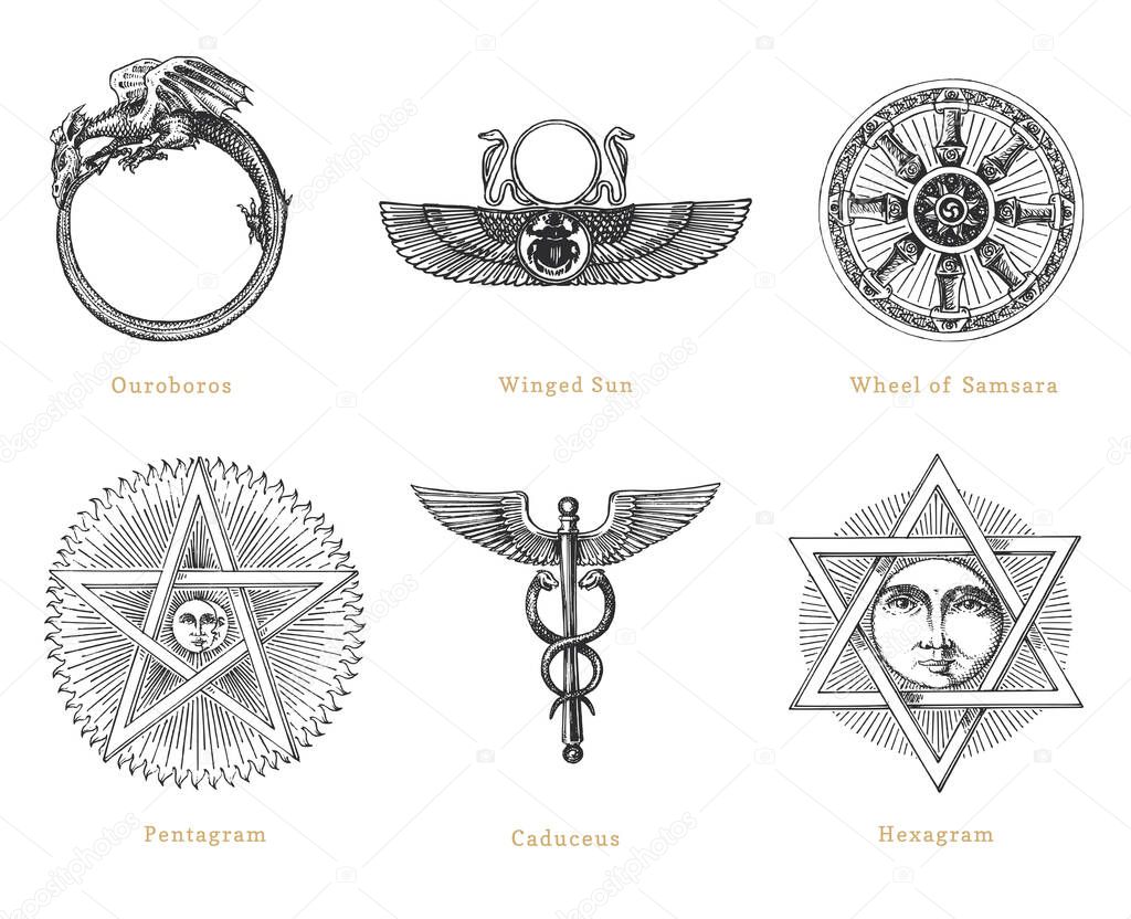 Drawn sketches of magical and mystical symbols. Set of vector illustrations in engraving style. Vintage pastiche of esoteric and occult signs.