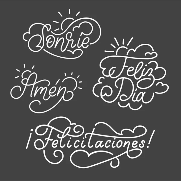 Felicitaciones, Feliz Día, Amén, Sonrie traducción española de Felicitaciones, Feliz Día, Sea así, Frases de sonrisa . — Archivo Imágenes Vectoriales