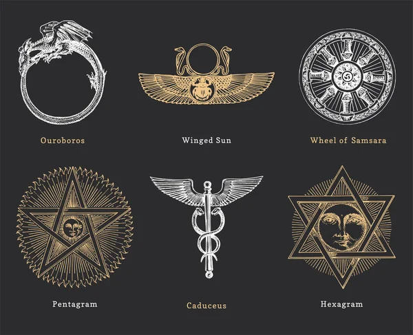 Drawn sketches of mystical symbols. Set of vector illustrations. Vintage pastiche of esoteric and occult signs. — Stock Vector