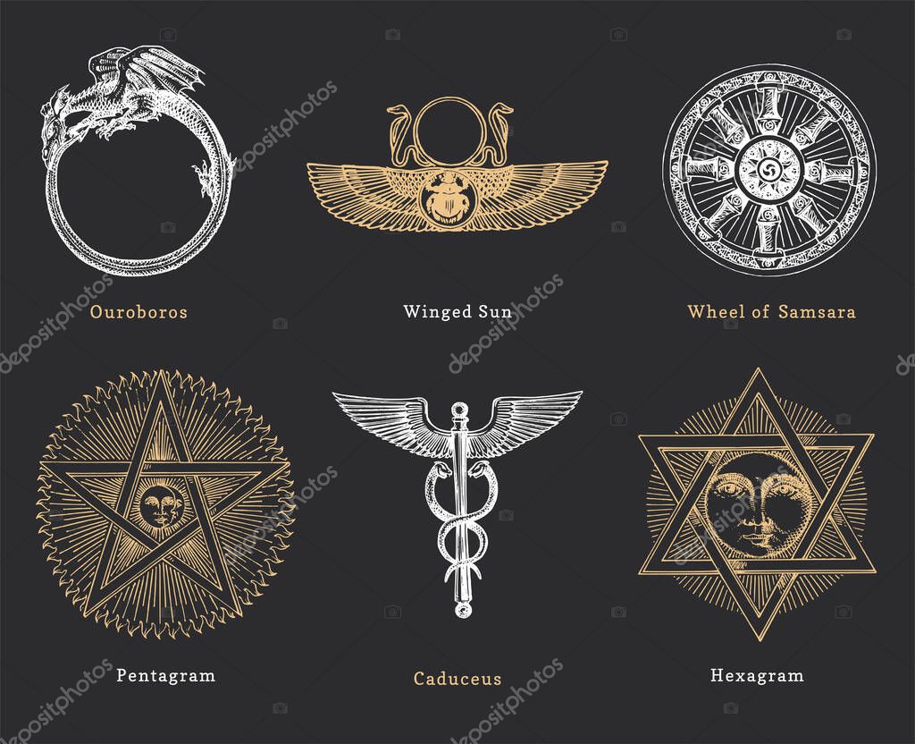 Drawn sketches of magical and mystical symbols. Set of vector illustrations in engraving style. Vintage pastiche of esoteric and occult signs.
