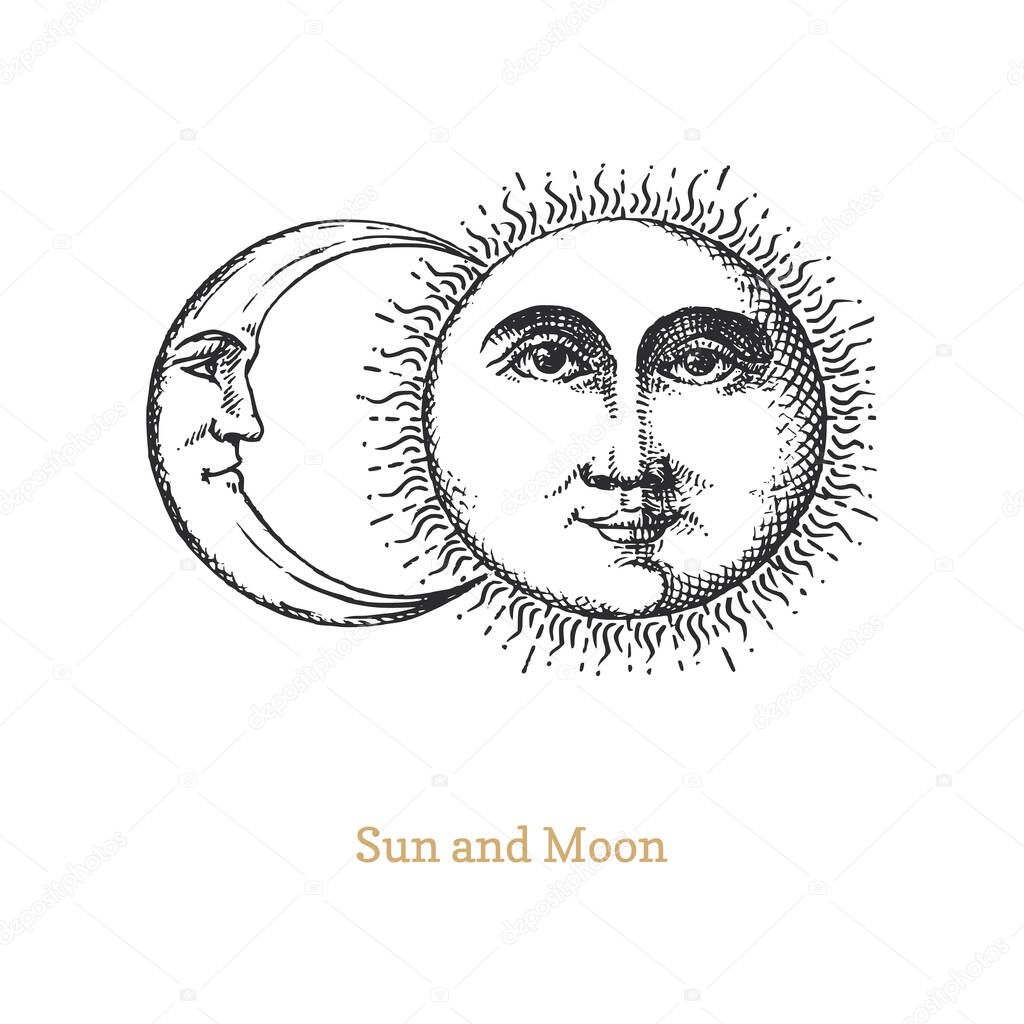 Sun and Moon, hand drawn in engraving style. Vector retro illustrations. Vintage pastiche of esoteric and occult signs.