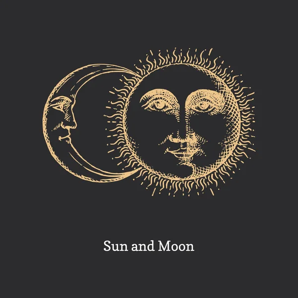 Soleil et Lune, dessinés à la main dans le style de gravure. — Image vectorielle