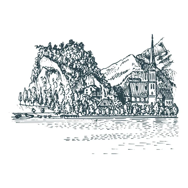 Illustrazione disegnata a mano della chiesa sul lago di montagna — Vettoriale Stock