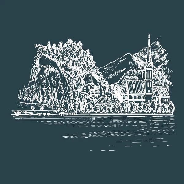 Handgetekende illustratie van kerk op bergmeer — Stockvector