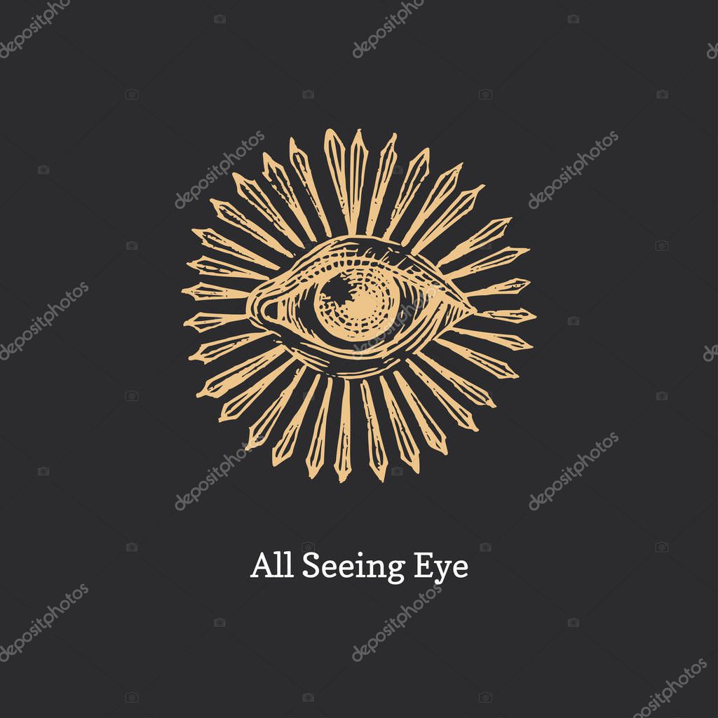 All seeing eye with sunburst. Eye of Providence vector illustration. Sacred geometry symbol in engraving style. Vintage pastiche of Omniscience occult emblem and masonic sign.