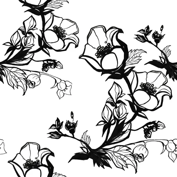 ジャスミンのシームレス パターンの開花枝 ブラック ホワイト グラフィック — ストック写真