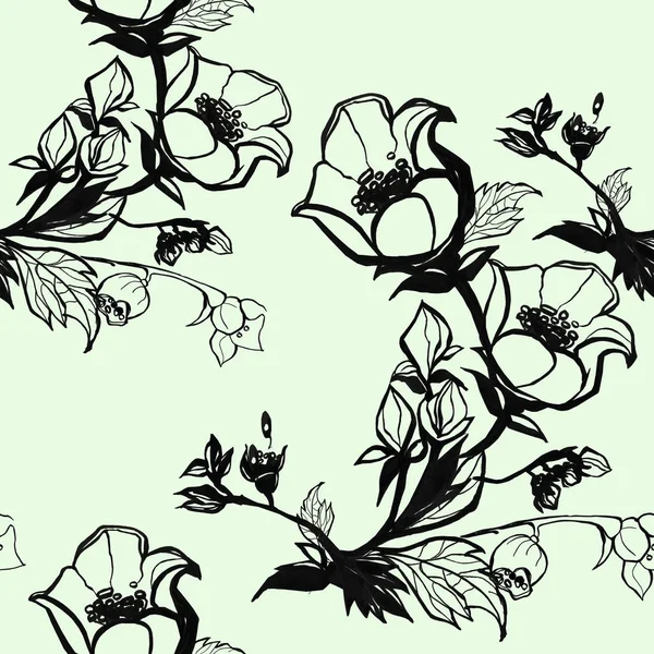 Flowering Branch Jasmine Seamless Pattern Black White Graphics — Stock Photo, Image