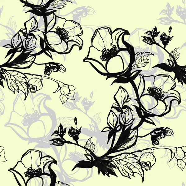 Цветущая Ветвь Жасминовой Бесшовной Структуры Чёрная Белая Графика — стоковое фото