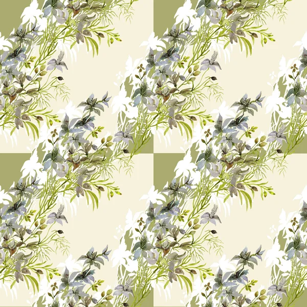 Jednolity Wzór Dzikich Kwiatów Akwarela Obraz Kolorowym Tle — Zdjęcie stockowe