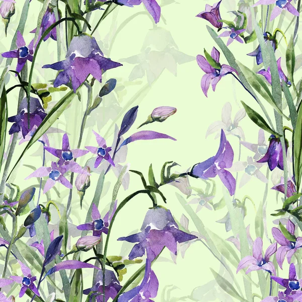 Veld Aquarel Bloemen Een Gekleurde Achtergrond Patroon Van Gestileerde Klokken — Stockfoto