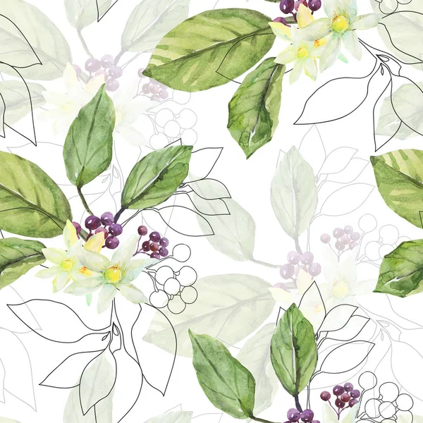 Seamless Pattern Tree Laurel Watercolor Branch White Colored Background — ストック写真