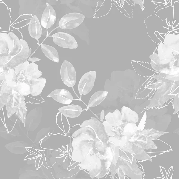 Akwarelowa Ilustracja Gałęzi Różyczki Obraz Białym Kolorowym Tle Płynny Wzór — Zdjęcie stockowe