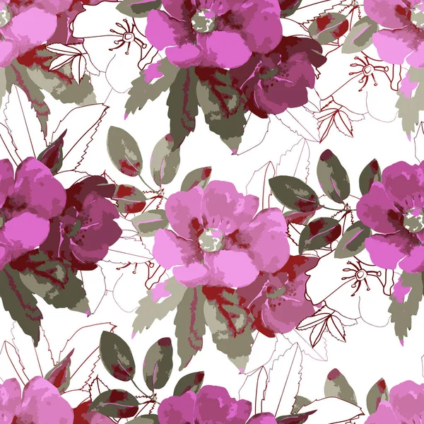 蔷薇枝的水彩画 白色和彩色背景的图像 无缝图案 — 图库照片