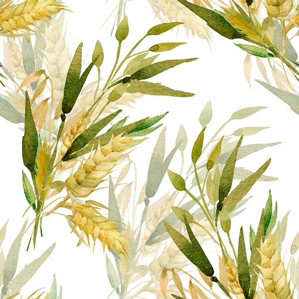 水色小麦耳朵无缝图案 白色和彩色背景上的小麦耳朵图像 — 图库照片