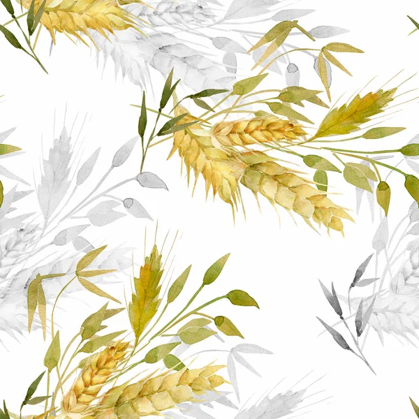 水色小麦耳朵无缝图案 白色和彩色背景上的小麦耳朵图像 — 图库照片