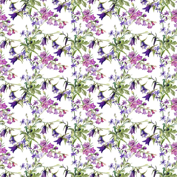 Płynny Wzór Dzikich Kwiatów Akwarelowych Obraz Białym Kolorowym Tle Drukuj — Zdjęcie stockowe