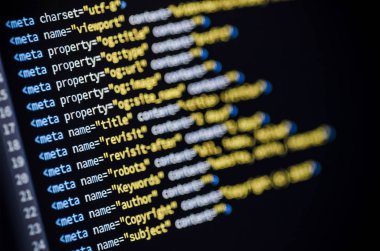 Bilgisayar monitöründe görüntülenen bir meta etiket kodu Close-up