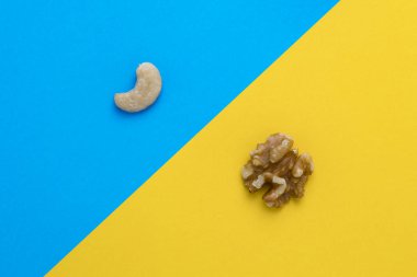İki fındık görüntü kadar kapatın. Kaju ve mavi ve sarı arka planlar üzerinde ceviz