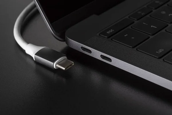 Dizüstü bilgisayar siyah arka plan üzerine bir Usb tip C kablo bağlantısı kesildi