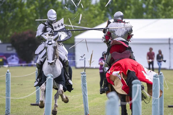 Deux Chevaliers Concourent Lors Reconstitution Tournoi Joute Médiévale — Photo