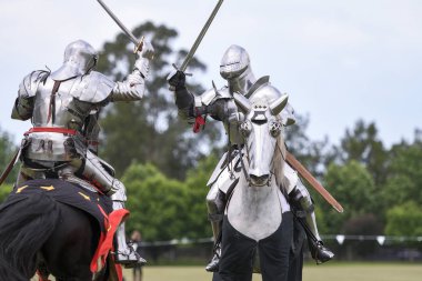 İki at Ortaçağ mızrak dövüşü turnuva sırasında canlandırma rekabet