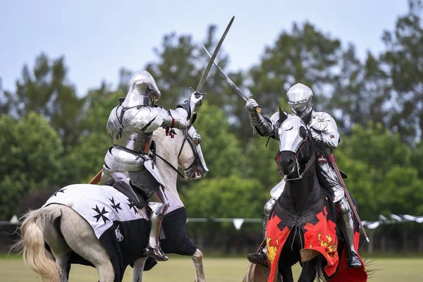 Dos Caballeros Compiten Durante Recreación Del Torneo Medieval Justas — Foto de Stock