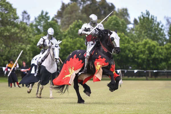 Dos Caballeros Compiten Durante Recreación Del Torneo Medieval Justas — Foto de Stock