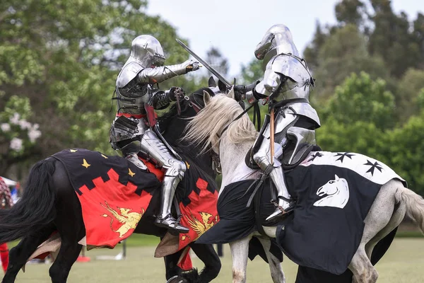 Dos Caballeros Compiten Durante Recreación Del Torneo Medieval Justas — Foto de Stock