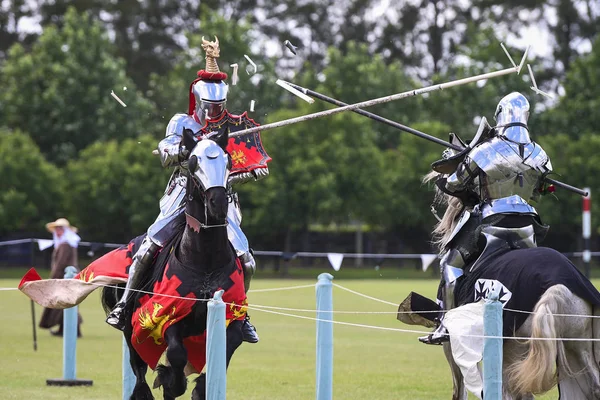 Two Knights Compete Enactment Medieval Jousting Tournament — Stock Photo, Image