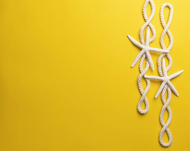 Deniz yıldızı ve düz sarı arka plan ipi ile yaz saati kavramı