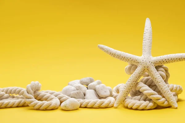 Summer time concept with starfish, stones and rope on a plain yellow background