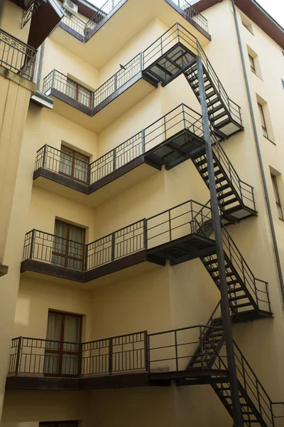 Staircase and steel railing outside the apartment building