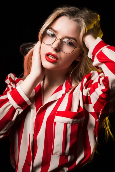 Primer Plano Retrato Chica Rubia Sexy Con Labios Rojos Con —  Fotos de Stock