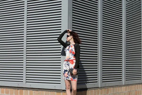 Tender Young Woman Wearing Stylish Dress Sunglasses Posing Shutters Street — Stock Photo, Image