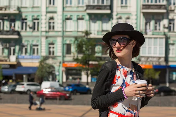 Fashion Young Model Wearing Hat Sunglasses Drinking Morning Coffee Walking — Stock Photo, Image