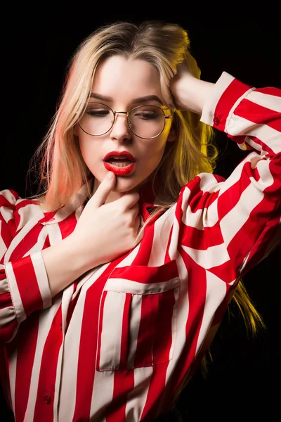Closeup Portrait Fabulous Blonde Girl Red Lips Wearing Glasses Posing — Stock Photo, Image