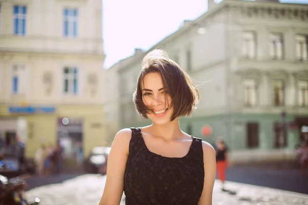 Lifestyle Portrait Positive Brunette Model Wearing Trendy Dress Walking City — Stock Photo, Image