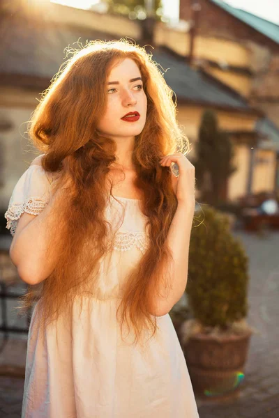 Amazing Ginger Young Woman Naked Long Wavy Hair Posing Sun — Stock Photo, Image