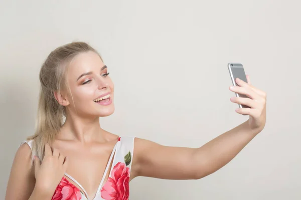 Charming Cute Woman Making Self Portrait Smartphone Grey Background — Stock Photo, Image