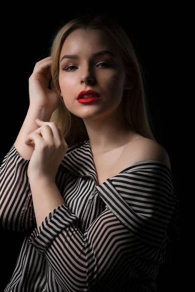 Dramatic Portrait Young Adorable Girl Red Lips Wearing Striped Blouse — Stock Photo, Image